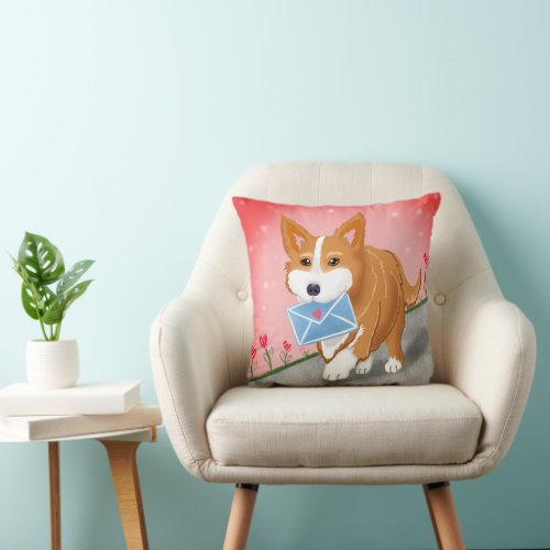 Sweet Heart Letter Delivered By Corgi  Throw Pillow