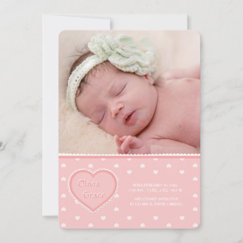 Sweet Heart Pink Photo Birth Announcement