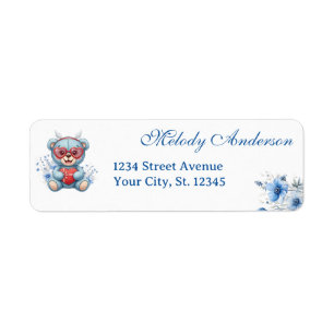 Sweet Heart Teddy Bear Blue Baby Shower Label