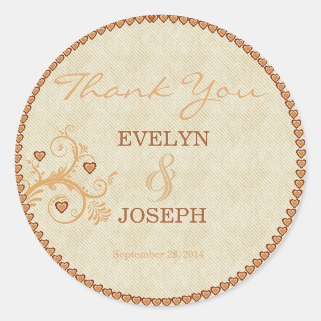 Sweet Hearts Gold Wedding Thank You ID169 Classic Round Sticker (Front)