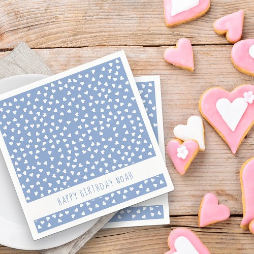 Sweet Hearts Personalized Blue Birthday Party Napkins