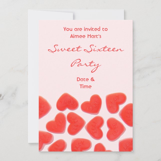 Sweet Hearts Pink 'Sweet Sixteen party' invitation (Front)