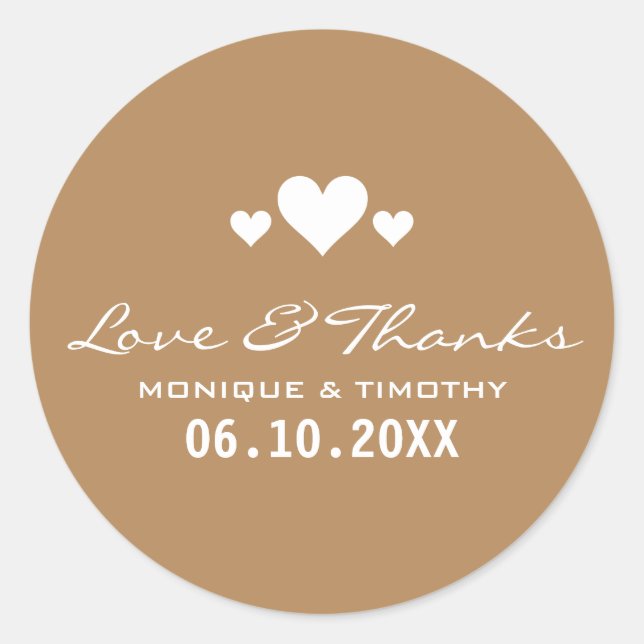Sweet Hearts Tan Brown Wedding Thank You Classic Round Sticker (Front)