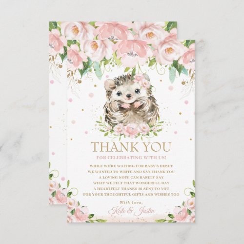 Sweet Hedgehog Blush Pink Floral Baby Shower  Thank You Card