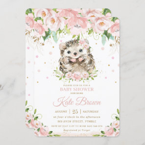 Sweet Hedgehog Blush Pink Floral Gold Baby Shower Invitation