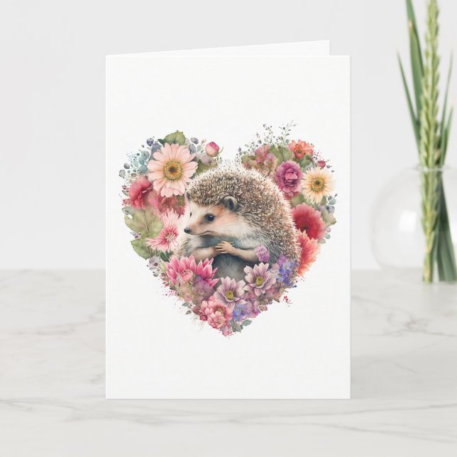 Sweet Hedgehog with Peachy Flowers Valentine's Day Holiday Card (Front)