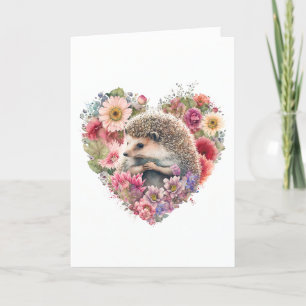 Sweet Hedgehog with Peachy Flowers Valentine's Day Holiday Card