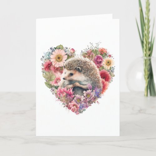 Sweet Hedgehog with Peachy Flowers Valentines Day Holiday Card