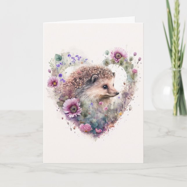 Sweet Hedgehog with Purple Flowers Valentine's Day Holiday Card (Front)
