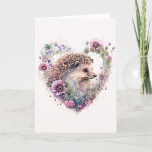 Sweet Hedgehog with Purple Flowers Valentines Day Holiday Card