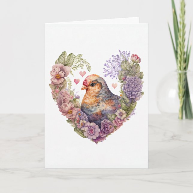 Sweet Hen with Pink Flowers for Valentine's Day Holiday Card (Front)