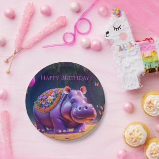 Sweet hippopotamus for a birthday paper plates