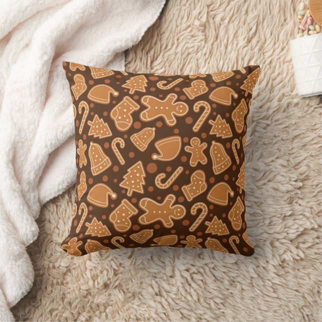 Sweet Holiday Gingerbread Cookies Dark Brown Home Throw Pillow (Blanket)
