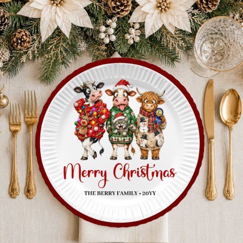 Sweet Holiday quirky cow watercolor christmas pape Paper Plates