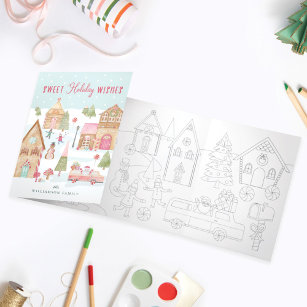 Sweet Holiday Wishes Gingerbread Town Fun Coloring Tri-Fold Holiday Card