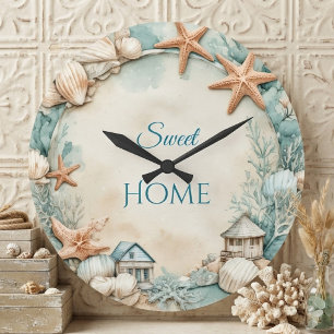 Sweet Home Coastal Beach Starfish Tropical Decor Large Clock
