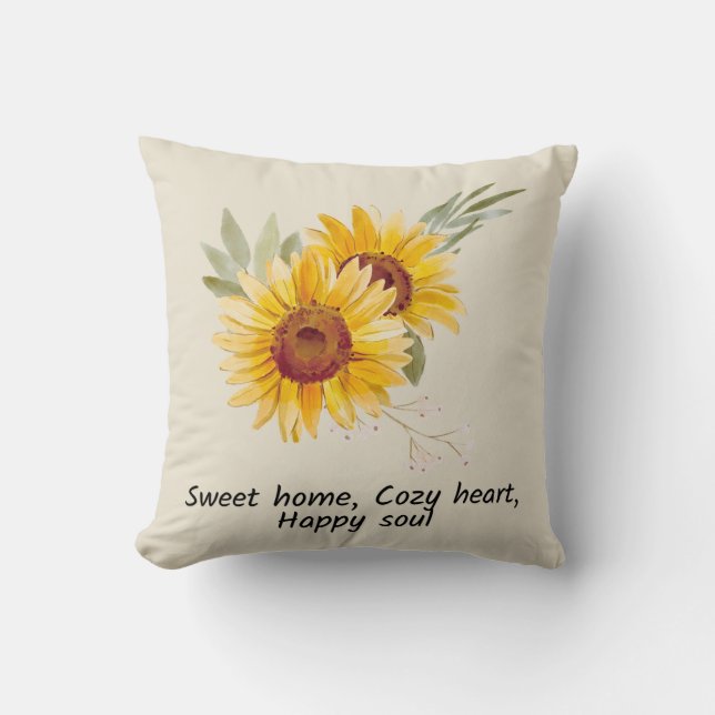 Sweet Home, Cozy Heart With Sunflower Throw Pillow (Front)