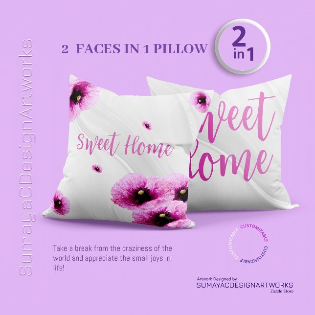 Sweet Home Pink Floral 2 in 1 Custom Throw Pillow  (2 faces in 1 Pillow)