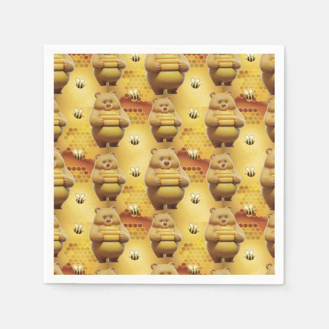 Sweet Honey Bears and Bees 3D Seamless Pattern Napkins (Front)