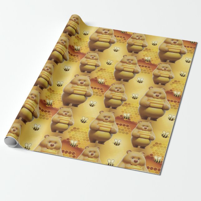 Sweet Honey Bears and Bees 3D Seamless Pattern Wrapping Paper (Unrolled)