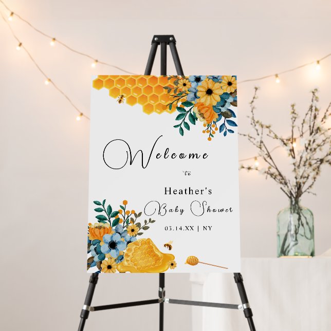 Sweet Honey Bee Floral Baby Shower Welcome Sign (In Situ (Stand))