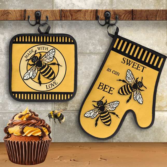 Sweet Honey Bee Ocher Black Oven Mitt & Pot Holder Set (Oven mitt and pot holder set featuring honey bees on an ocher black design - baking - chef - pastry)