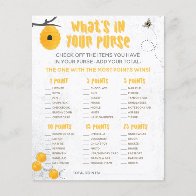 Sweet Honey Bee Yellow Baby Shower Purse Game (Front)