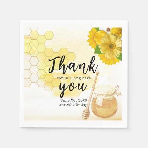 Sweet Honey with Flowers First Bee One Birthday Napkins