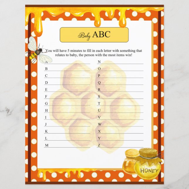 Sweet Honeybee Baby Shower ABC Game (Front)