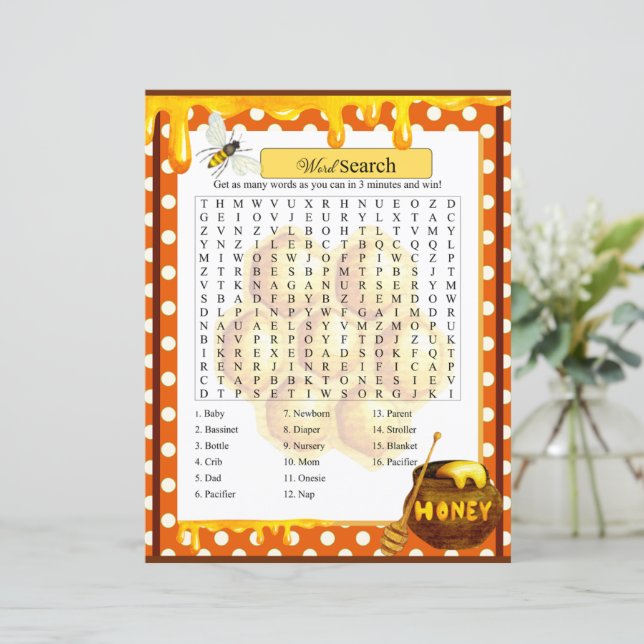 Sweet Honeybee Baby Shower Word Search Game (Standing Front)