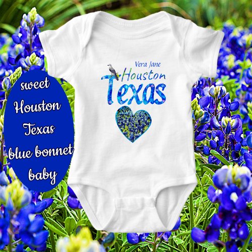 Sweet Houston TX Bluebonnet Heart and Mockingbird Baby Bodysuit