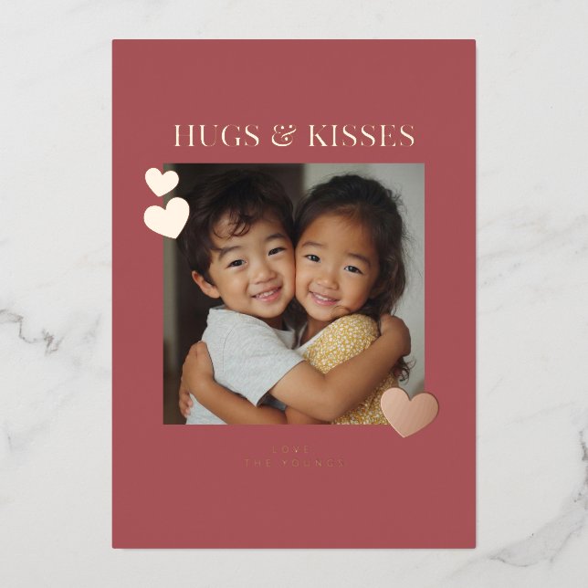 Sweet Hugs and Kisses Heart Photo Foil Holiday Card (Front)