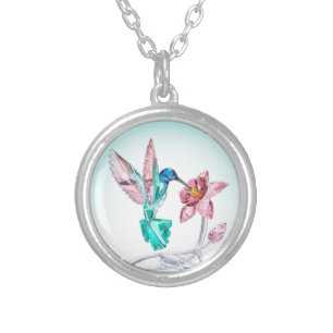 Sweet Hummingbird and Flower Crystal Art Print Silver Plated Necklace