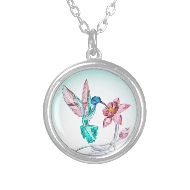 Sweet Hummingbird and Flower Crystal Art Print Silver Plated Necklace (Front)