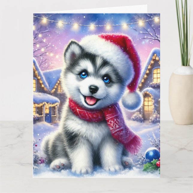 Sweet Husky Puppy in Christmas Village Card (Front)