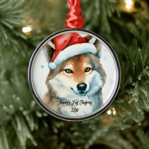 Sweet Husky Puppy in Snow First Christmas Metal Ornament