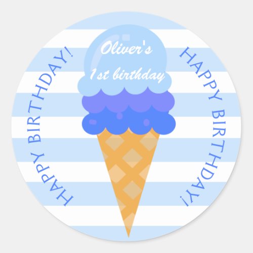 Sweet ice cream 1st birthday party blue boy classic round sticker