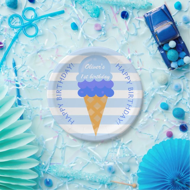Sweet ice cream 1st birthday party blue boy paper plates (Party)