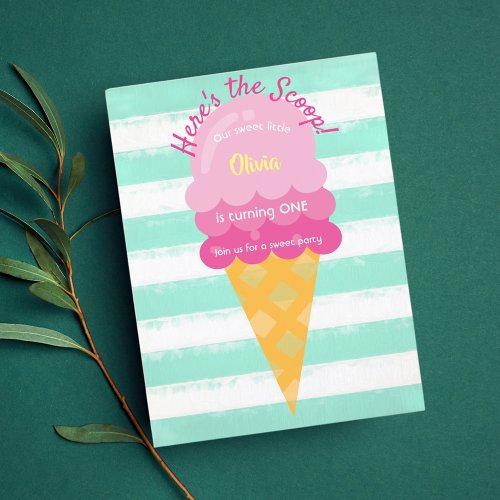 Sweet ice cream 1st birthday party pink mint postcard