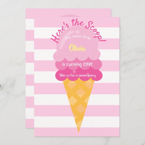Sweet ice cream 1st birthday party pink white invitation