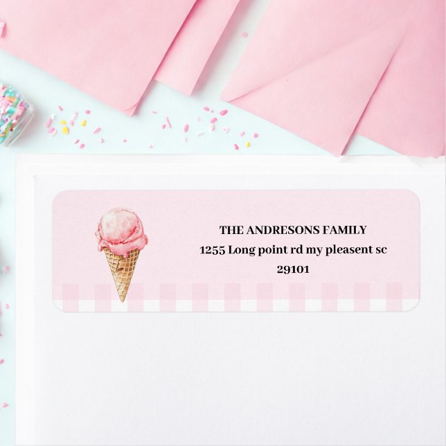 Sweet Ice Cream Cone Pink Gingham Birthday  Label (Creator Uploaded)