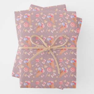 Sweet Ice Cream Cones & Lollipops Pattern Wrapping Paper Sheets