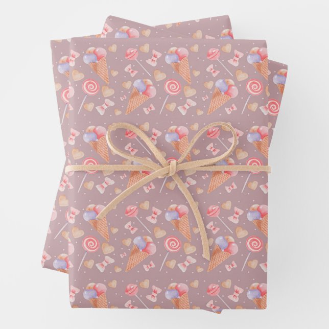 Sweet Ice Cream Cones & Lollipops Pattern Wrapping Paper Sheets (In situ)
