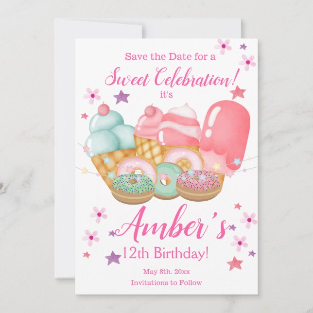 Sweet Ice Cream, Donut Birthday, Any Age     Save The Date (Front)