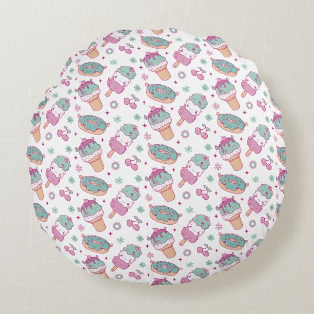 Sweet Ice Cream & Donuts Pattern Round Pillow (Front)