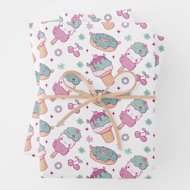Sweet Ice Cream & Donuts Pattern Wrapping Paper Sheets (In situ)