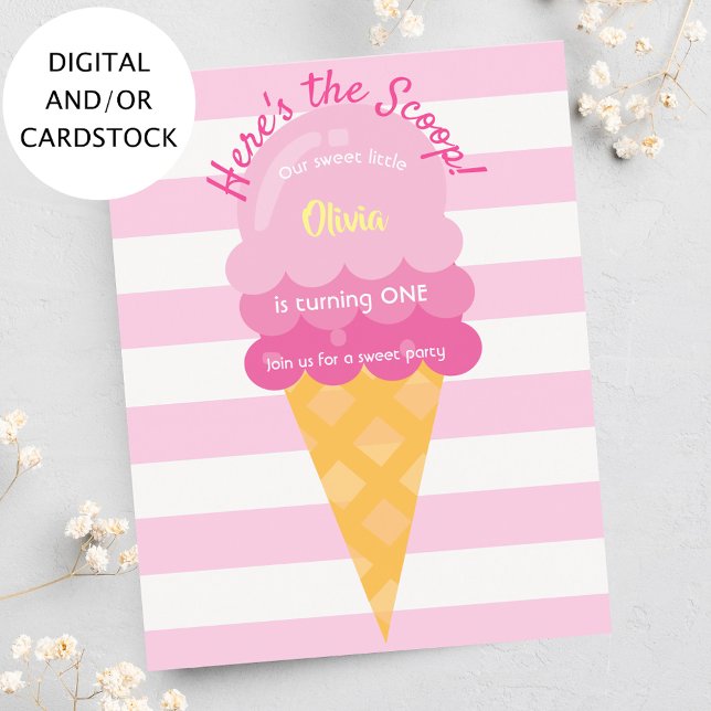 Sweet ice cream girl pink 1st birthday invitation (Creator Uploaded)