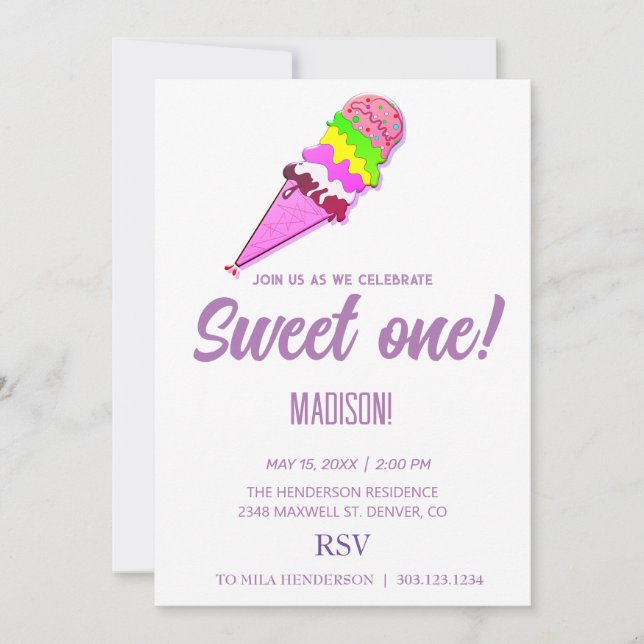Sweet ICE CREAM rainbow colors,  Invitation (Front)