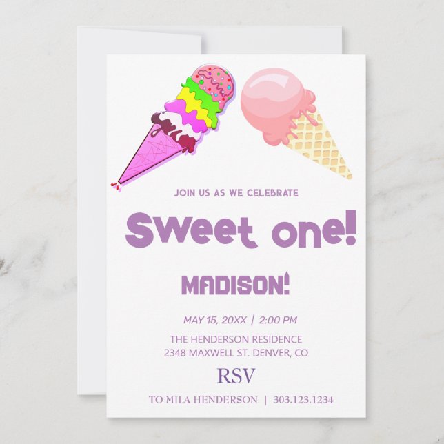 Sweet ICE CREAM rainbow colors,  Invitation (Front)