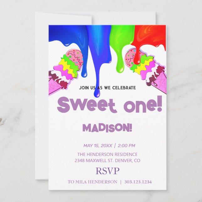 Sweet ICE CREAM rainbow colors,  Invitation (Front)